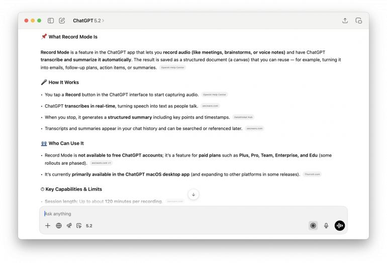 ChatGPT for macOS Record Mode