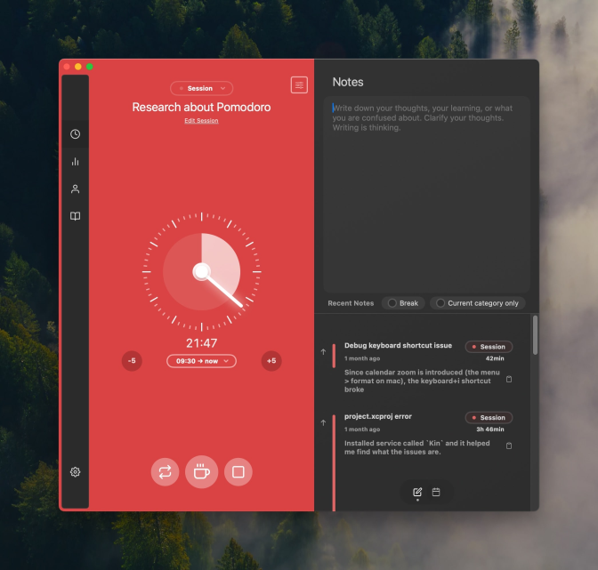 Session — Pomodoro timer with intention-setting and notes on Mac