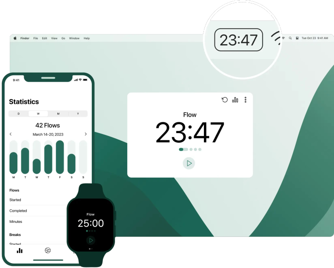 Flow — Pomodoro timer on Mac, iPhone, and Apple Watch with statistics