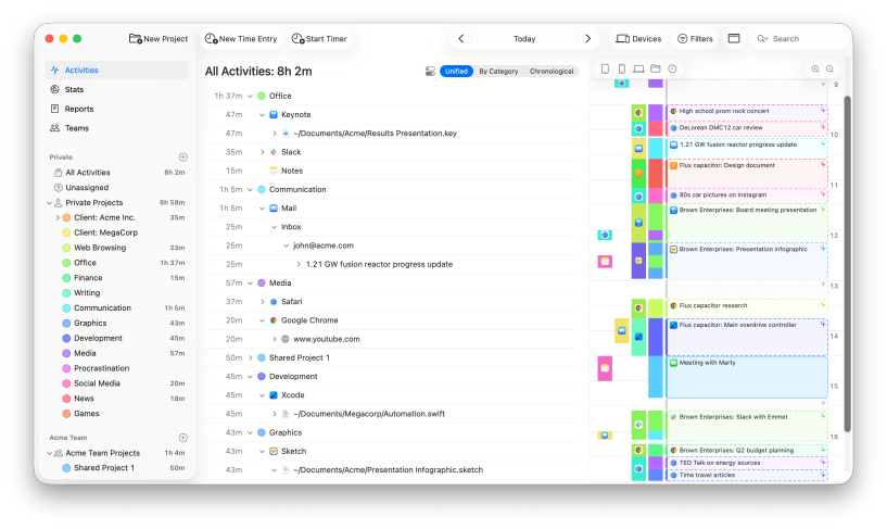 Timing — automatic time tracking showing detailed activity breakdown on Mac