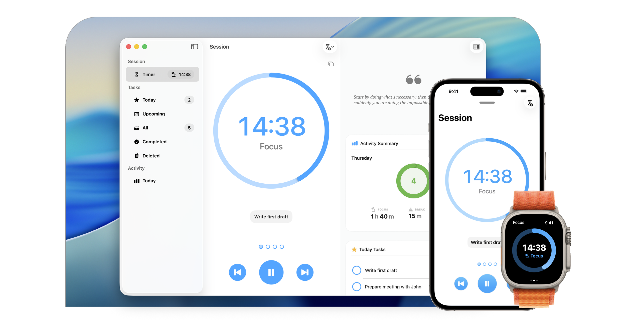 Focus by Meaningful Things — Pomodoro timer interface on Mac, iPhone, iPad, and Apple Watch