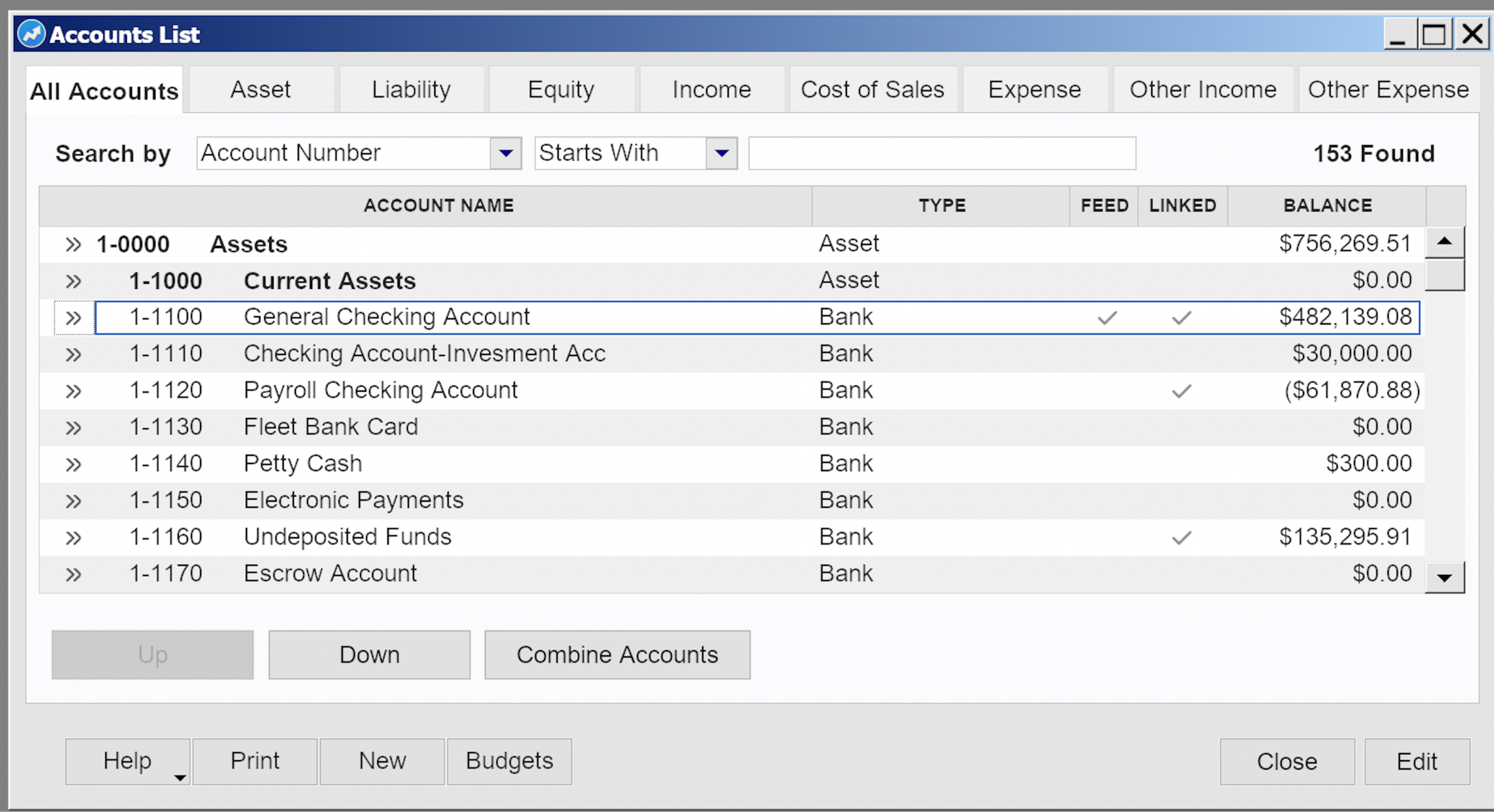 AccountEdge accounts list