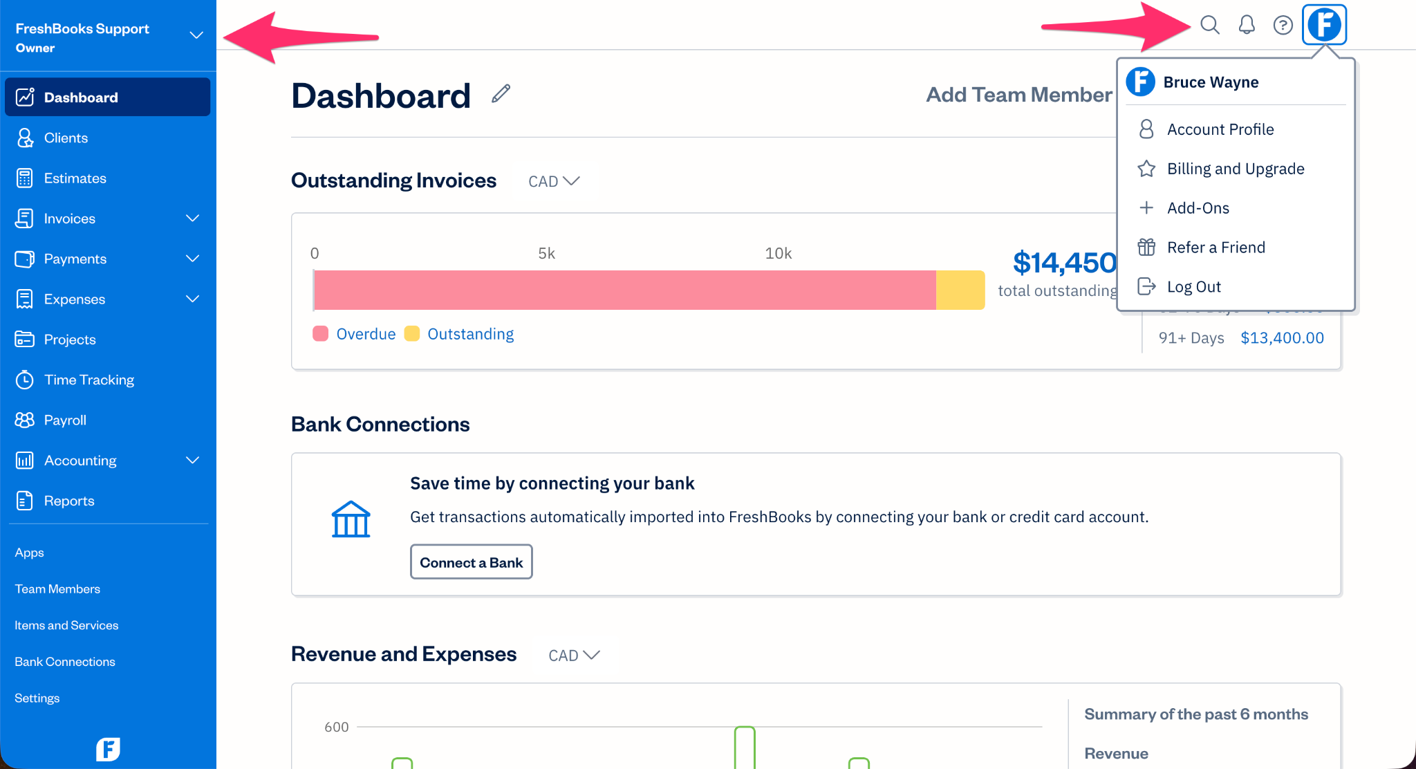 FreshBooks dashboard