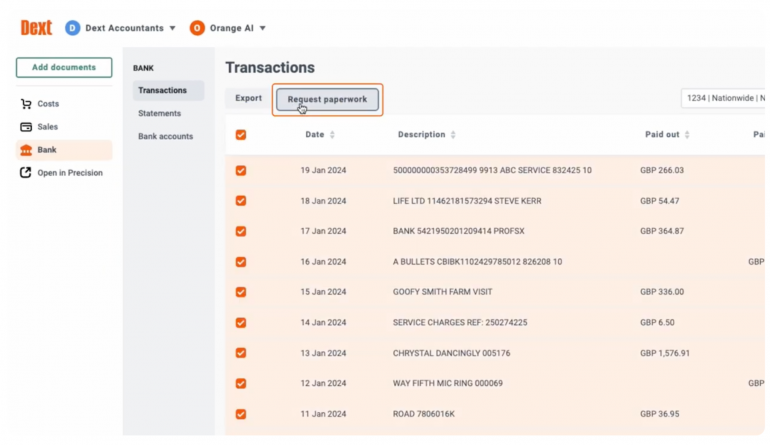 Dext receipt and bank transaction dashboard