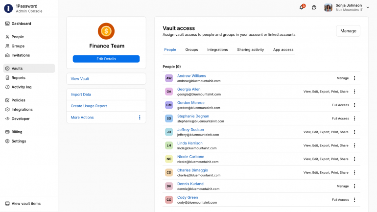 1Password admin console showing vault access for a team
