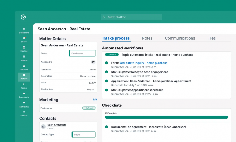 Clio matter details with an automated client intake workflow