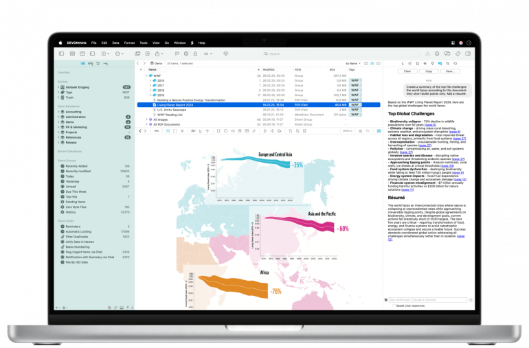 A DEVONthink database of PDF documents with an AI-generated summary