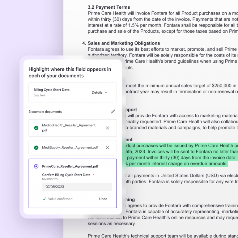 DocuSign highlighting a billing field across example agreements