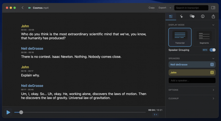 A MacWhisper transcript with speaker grouping enabled