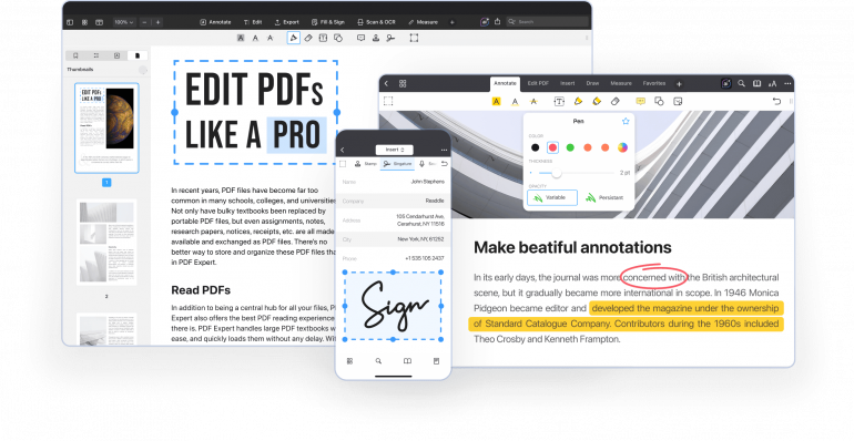 PDF Expert annotating and signing documents on Mac, iPad and iPhone