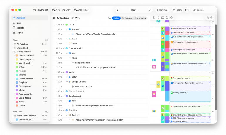 Timing showing automatically tracked activities and a daily timeline