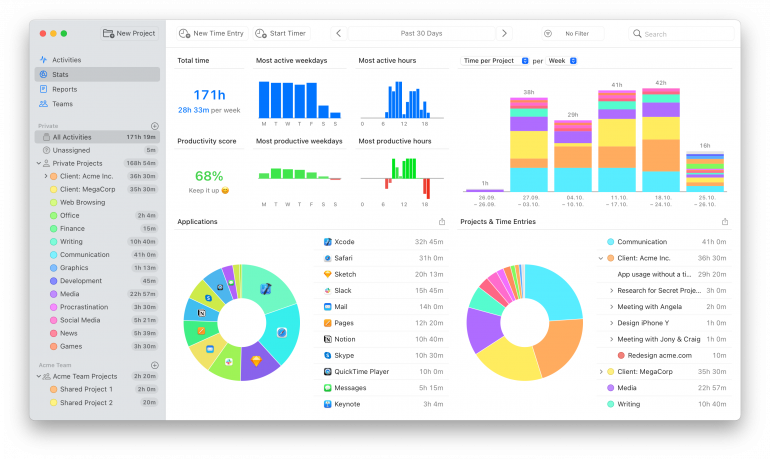 Timing Stats showing total tracked time, productivity score and time per project