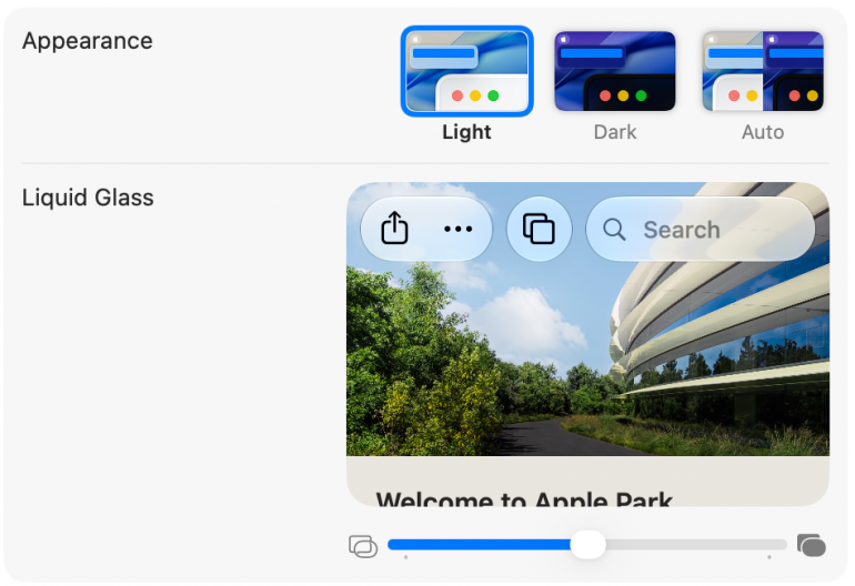 Liquid Glass slider in System Settings > Appearance