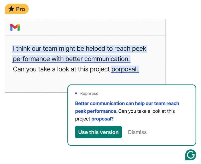 Grammarly suggesting a rephrased sentence inside a Gmail draft