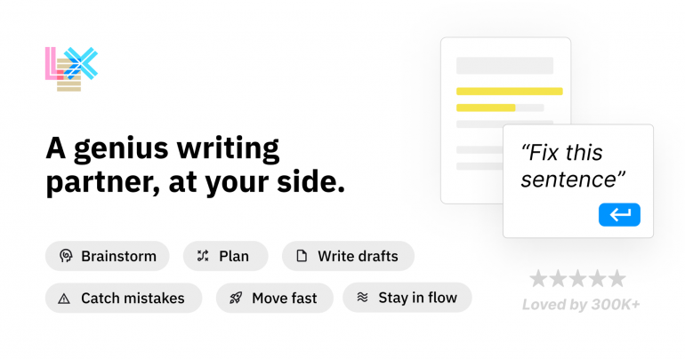 Lex marketing graphic showing brainstorm, plan and write drafts features