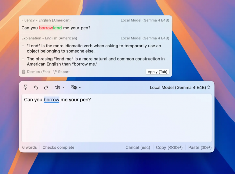 Refine explaining a grammar suggestion using a local on-device model