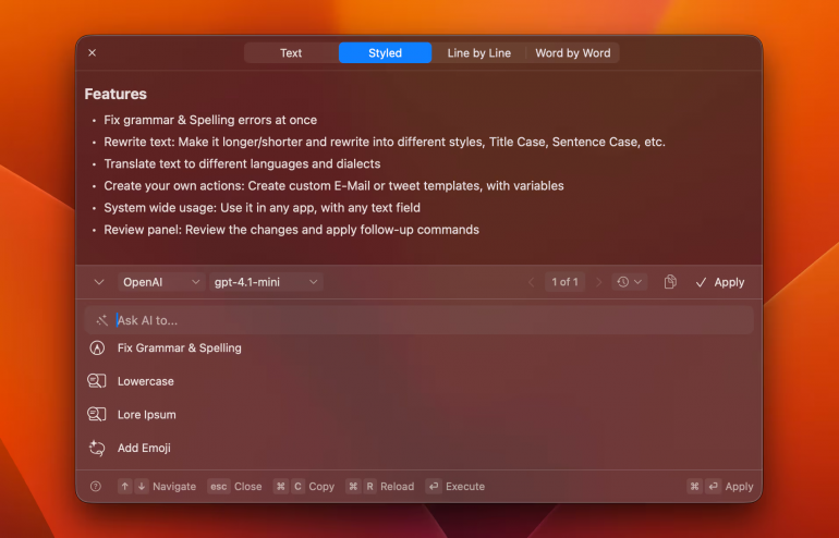 RewriteBar panel listing grammar, rewrite and translation actions on a Mac