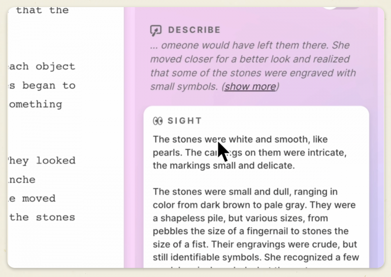 Sudowrite Describe feature generating sensory detail beside a manuscript