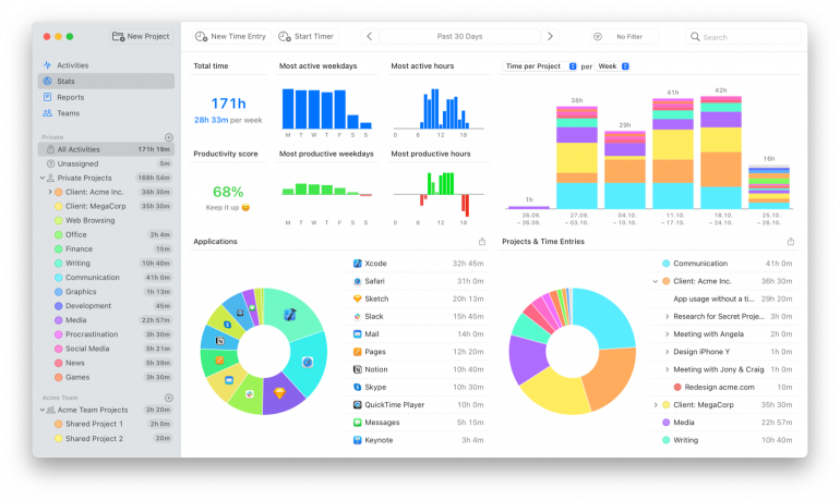 Timing Stats showing total tracked time, productivity score and time per project