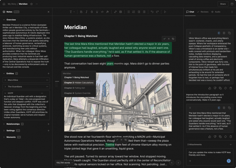 Type editor showing a manuscript with story notes and an AI chat panel