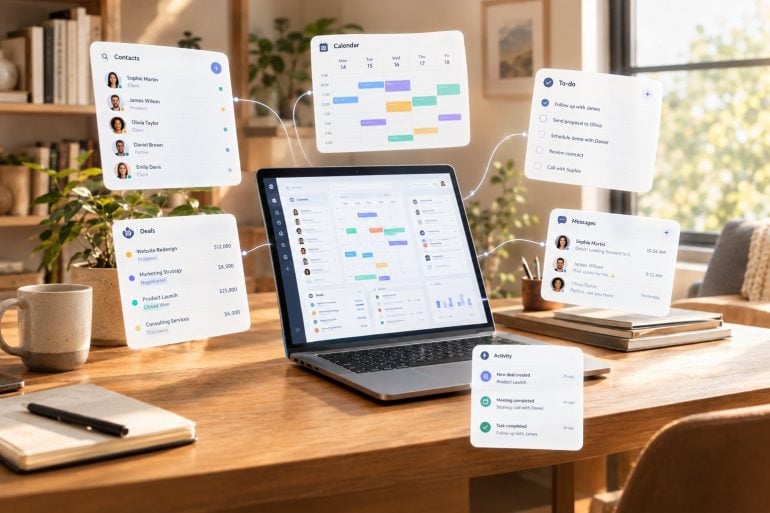 Laptop on a desk surrounded by floating CRM panels for contacts, deals, calendar and to-dos