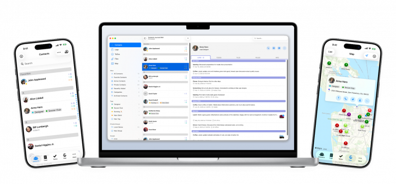 Contacts Journal CRM on a Mac and iPhones showing contact logs and a map view
