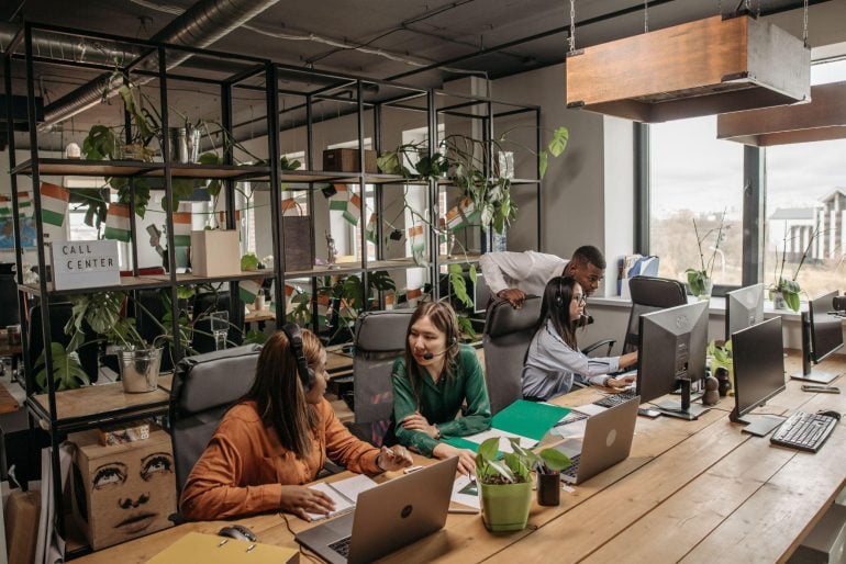 People working at computers in an office