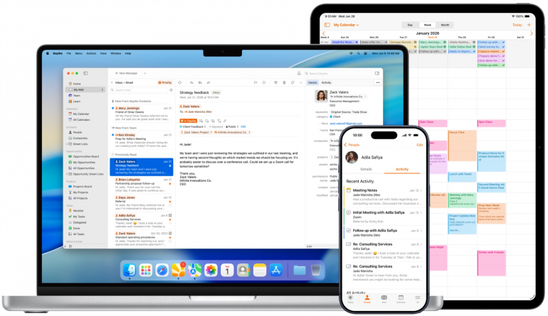 Daylite on a MacBook, iPad and iPhone showing contacts, tasks and a calendar