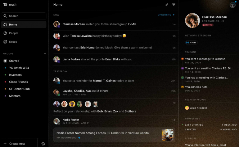 Mesh home feed with reminders, birthdays and job changes from your network