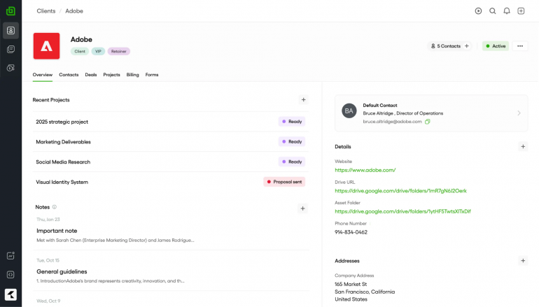 Bonsai client record with projects, notes and contact details