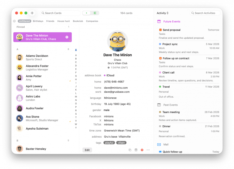 BusyContacts showing a contact card next to its activity feed
