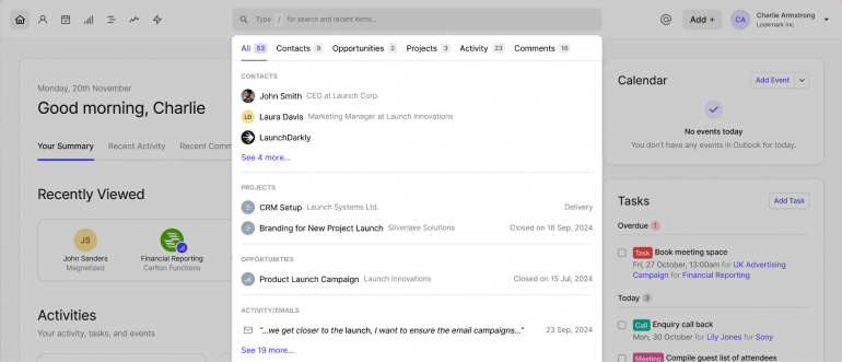 Capsule CRM dashboard with recently viewed contacts, tasks and calendar