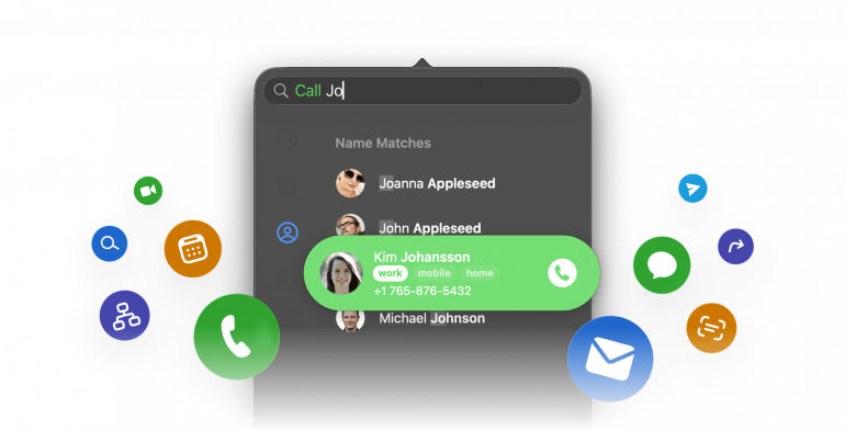 Cardhop search showing matching contacts with call, message and email actions