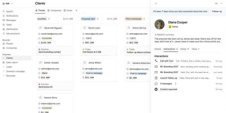 folk pipeline of clients with a contact panel showing recent interactions