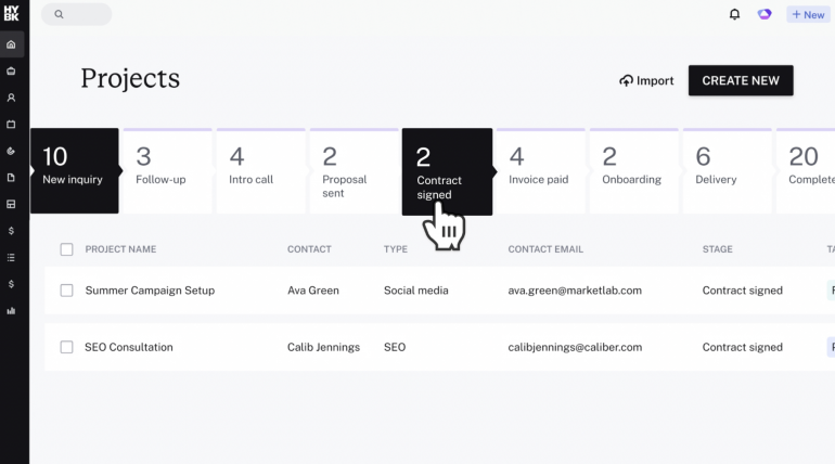 HoneyBook projects board with inquiry, proposal and contract stages