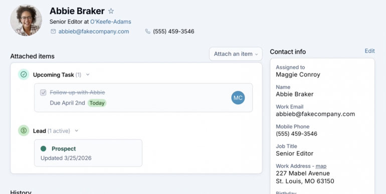 Less Annoying CRM contact record with tasks, a pipeline stage and contact details