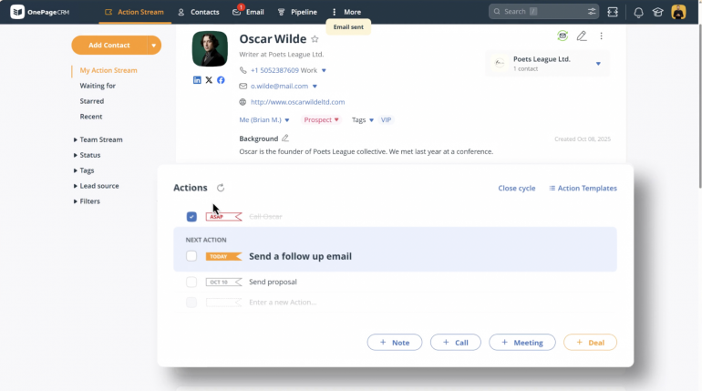 OnePageCRM contact with its next action and action stream