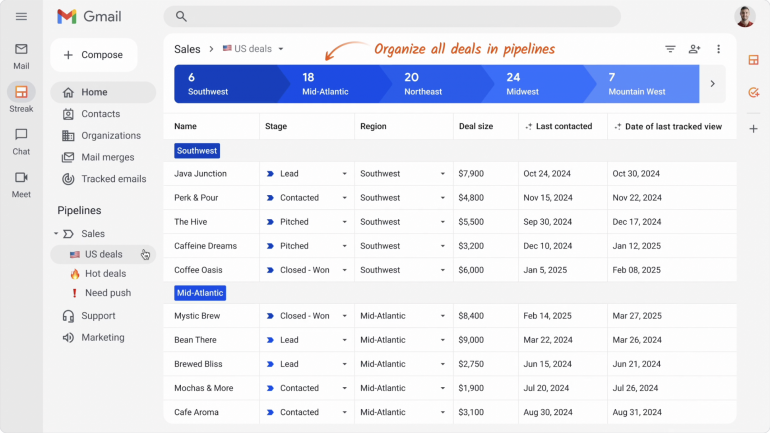 Streak pipeline of deals inside Gmail