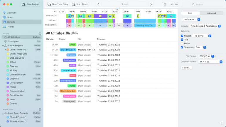 Timing tracking time automatically across apps and projects